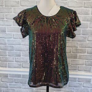 Grace Karin Sequin Top Flutter Sleeve Iridescent Red Green Holiday Party NEW S